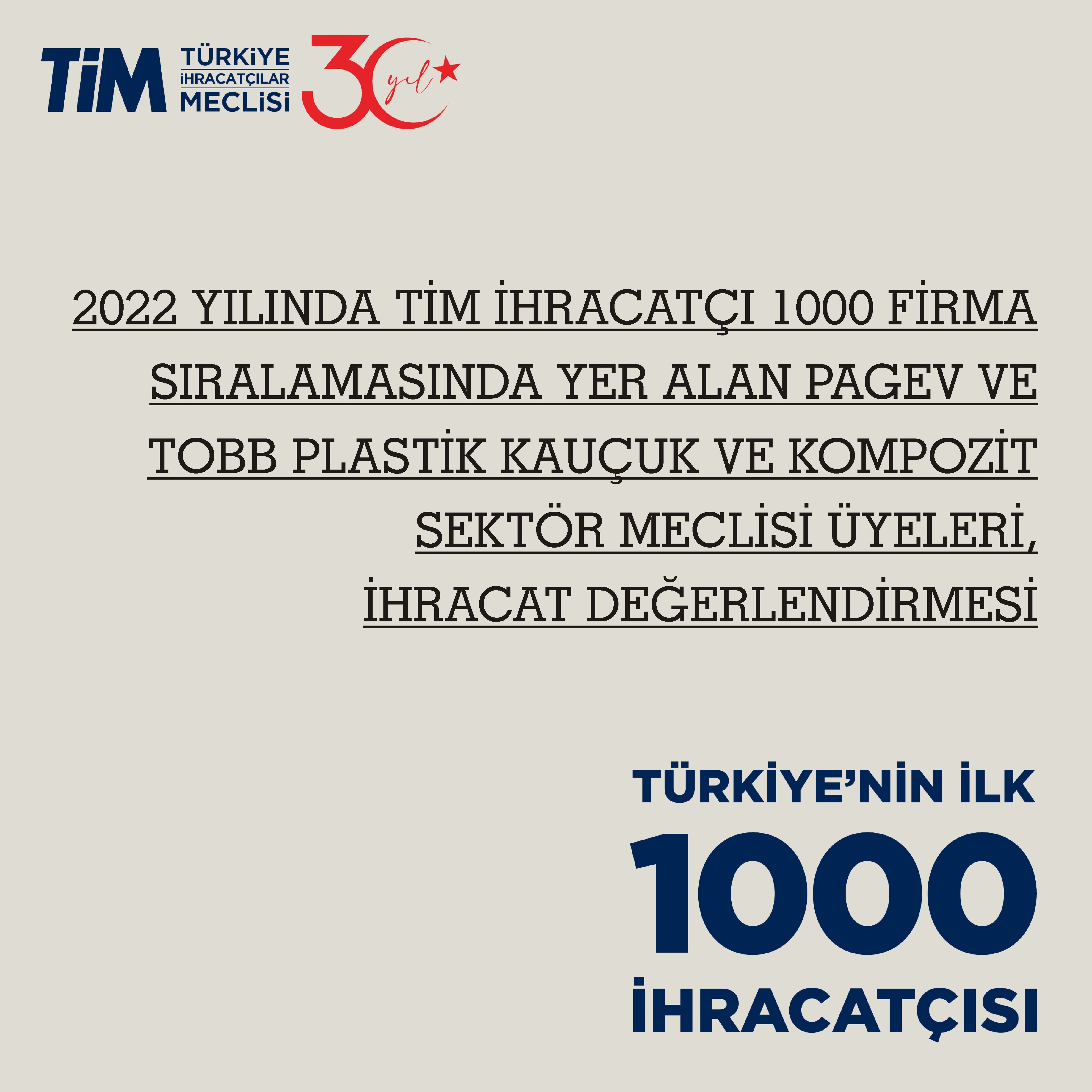 2022 YILINDA TİM İHRACATÇI 1000 FİRMA SIRALAMASINDA YER ALAN PAGEV VE TOBB PLASTİK KAUÇUK VE KOMPOZİT SEKTÖR MECLİSİ ÜYELERİ, İHRACAT DEĞERLENDİRMESİ